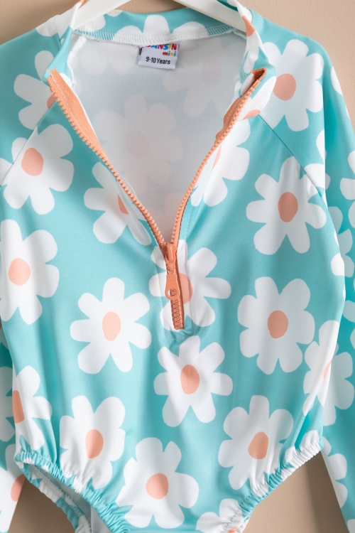 Kız Çocuk Çiçek Baskılı Su Yeşili Mayo 21127