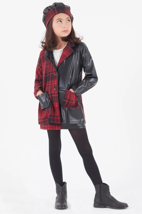 Kız Çocuk Çizgili Deri Etekli Ceketli Takım 14585