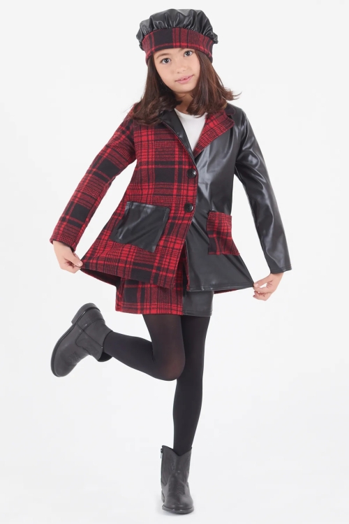 Kız Çocuk Çizgili Deri Etekli Ceketli Takım 14585