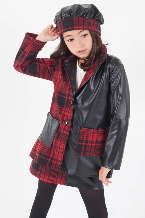 Kız Çocuk Çizgili Deri Etekli Ceketli Takım 14585