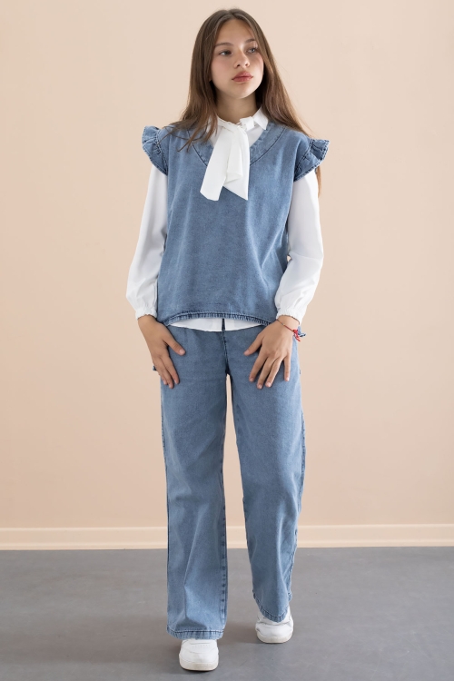 Kız Çocuk Fular Detaylı Beyaz Gömlekli Jean Takım 21097