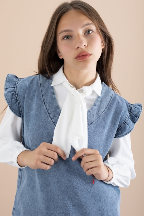 Kız Çocuk Fular Detaylı Beyaz Gömlekli Jean Takım 21097