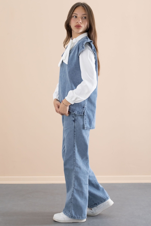 Kız Çocuk Fular Detaylı Beyaz Gömlekli Jean Takım 21097