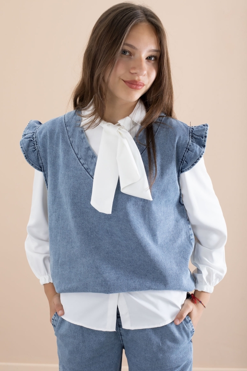 Kız Çocuk Fular Detaylı Beyaz Gömlekli Jean Takım 21097