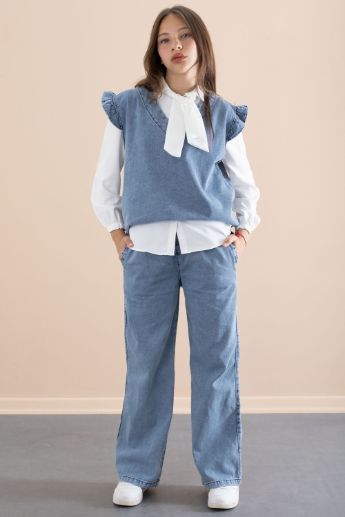 Kız Çocuk Fular Detaylı Beyaz Gömlekli Jean Takım 21097