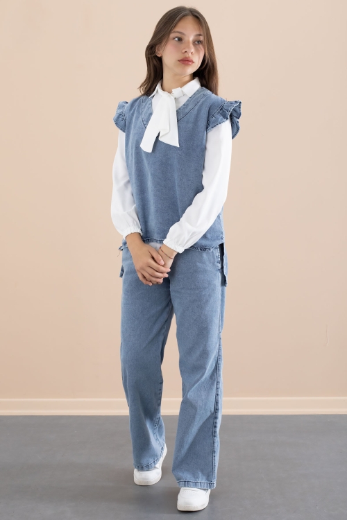 Kız Çocuk Fular Detaylı Beyaz Gömlekli Jean Takım 21097