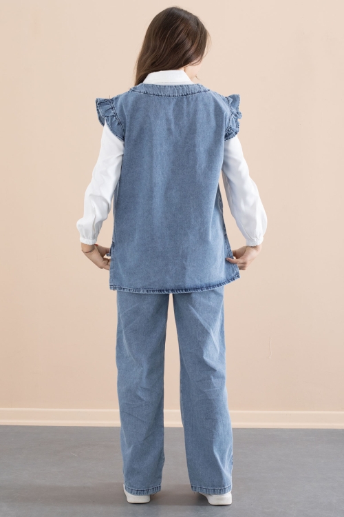 Kız Çocuk Fular Detaylı Beyaz Gömlekli Jean Takım 21097