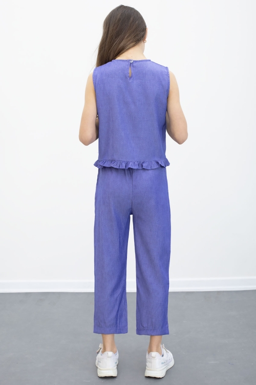 Mavi Fiyonk Detaylı Sıfır Kol Badili Kapri Pantolonlu Kız Çocuk 2li Takım 21103