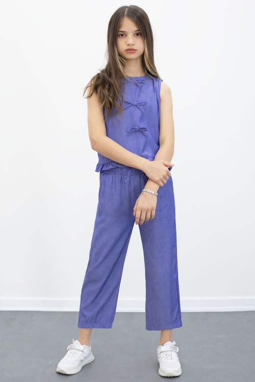 Mavi Fiyonk Detaylı Sıfır Kol Badili Kapri Pantolonlu Kız Çocuk 2li Takım 21103