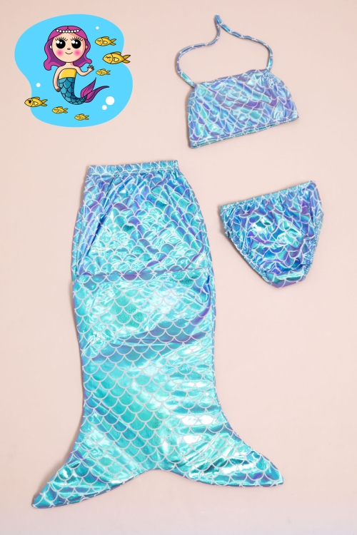 Kız Çocuk Mavi Pullu Desenli 3lü Deniz Kızı Mayo Takımı 21131