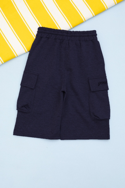 Koyu Lacivert Cebi Yazı Baskılı Beli Lastikli Erkek Çocuk Şort 21171