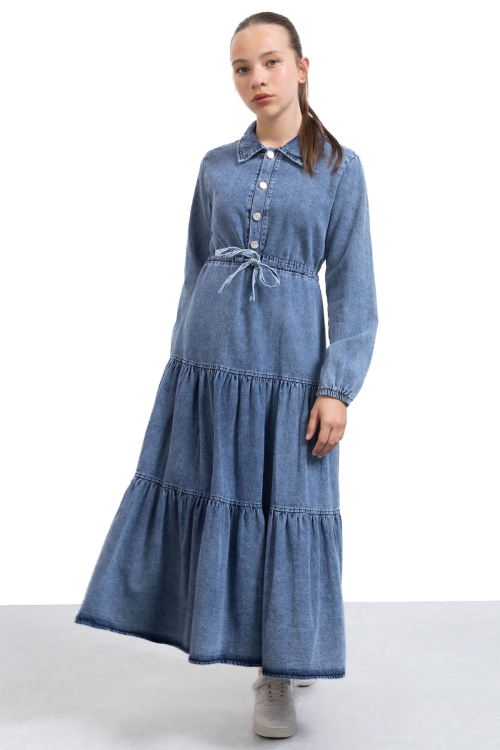Koyu Mavi Uzun Kesim Kuşaklı Kız Çocuk Pileli Jean Elbise 21137