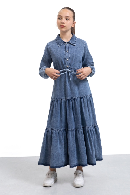 Koyu Mavi Uzun Kesim Kuşaklı Kız Çocuk Pileli Jean Elbise 21137