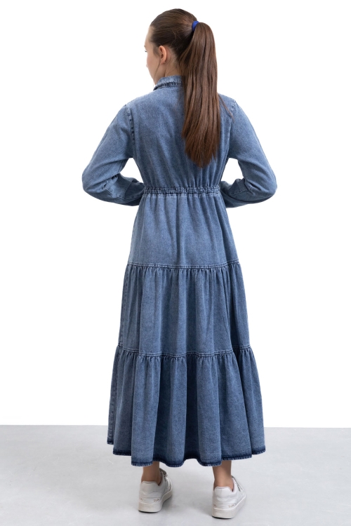 Koyu Mavi Uzun Kesim Kuşaklı Kız Çocuk Pileli Jean Elbise 21137