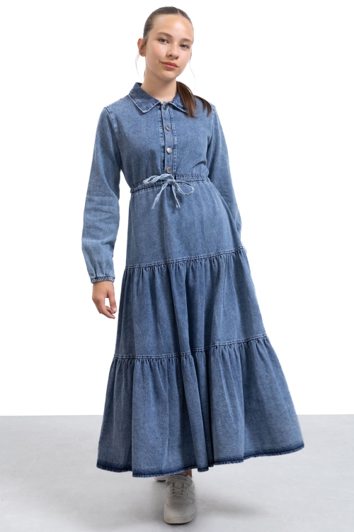 Koyu Mavi Uzun Kesim Kuşaklı Kız Çocuk Pileli Jean Elbise 21137