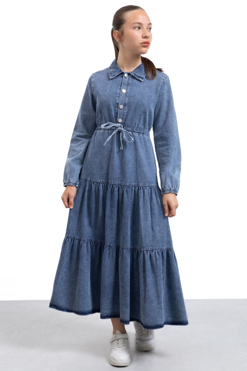 Koyu Mavi Uzun Kesim Kuşaklı Kız Çocuk Pileli Jean Elbise 21137