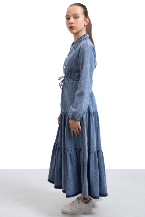 Koyu Mavi Uzun Kesim Kuşaklı Kız Çocuk Pileli Jean Elbise 21137