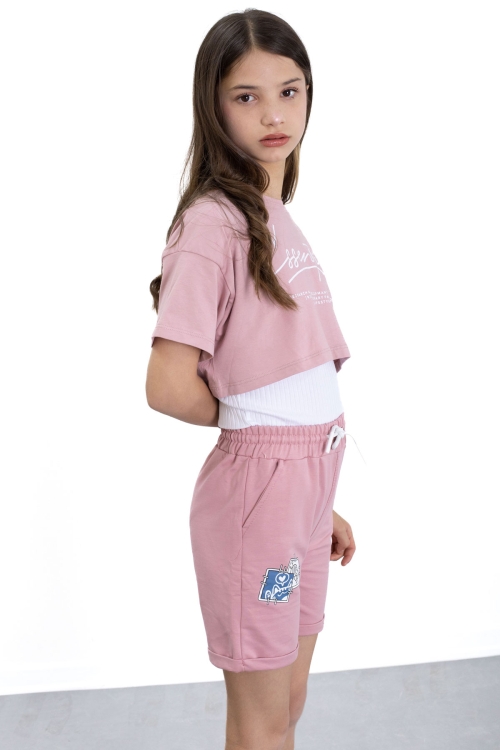 Koyu Pembe Patili Cute Baskılı Kız Çocuk Beli Lastikli Şort 20758