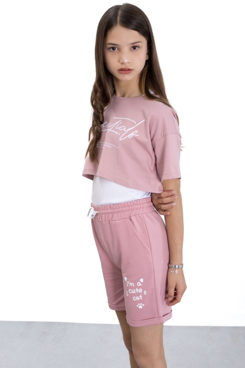 Koyu Pembe Patili Cute Baskılı Kız Çocuk Beli Lastikli Şort 20758