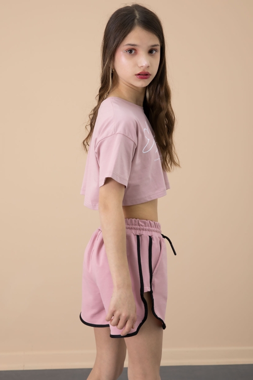 Koyu Pembe Yanları Yırtmaçlı Çiçek Baskılı Beli Lastikli Kız Çocuk Şort 20739