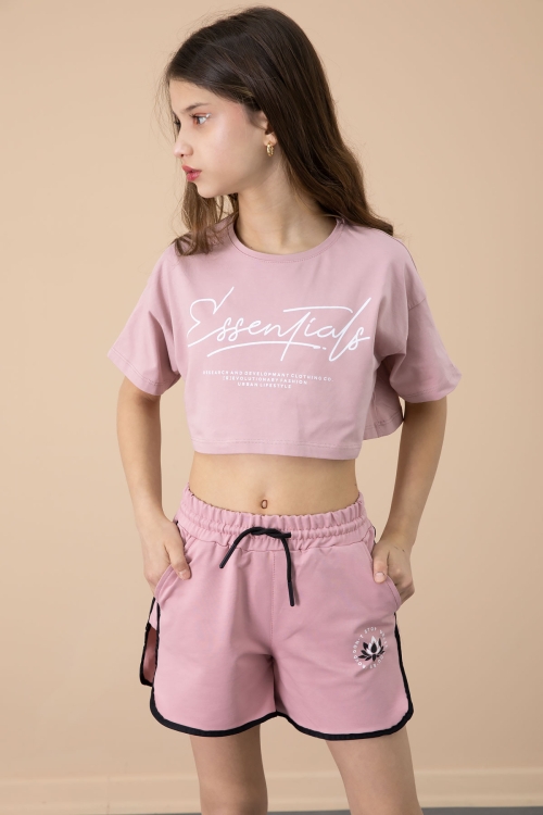 Koyu Pembe Yanları Yırtmaçlı Çiçek Baskılı Beli Lastikli Kız Çocuk Şort 20739