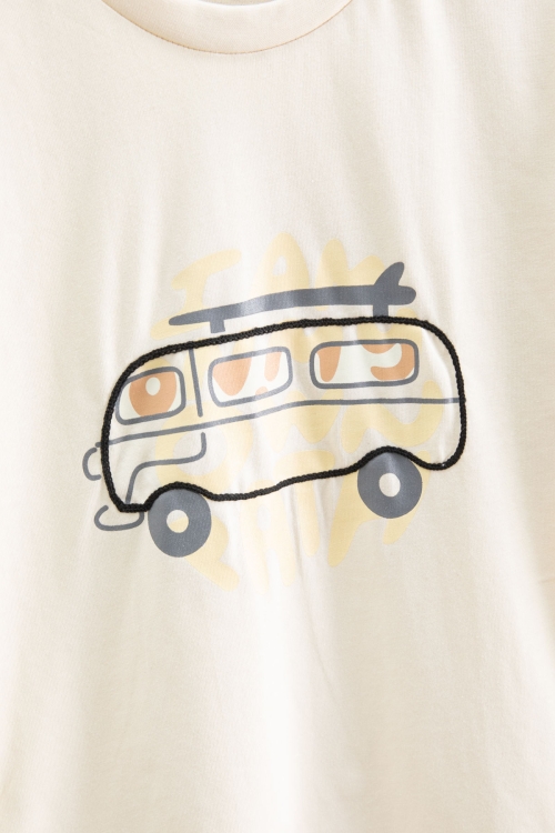 Krem Araba Baskılı Bisiklet Yaka Erkek Çocuk Kısa Kol Tişört 20924