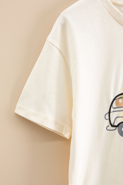 Krem Araba Baskılı Bisiklet Yaka Erkek Çocuk Kısa Kol Tişört 20924