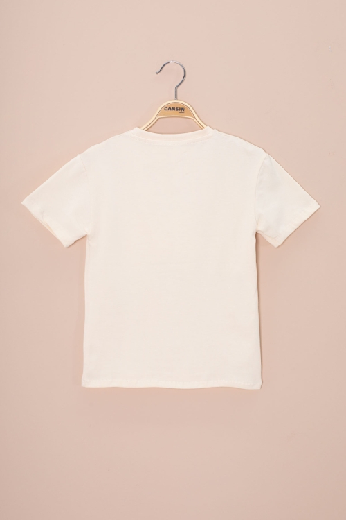 Krem Araba Baskılı Nakış Detaylı Erkek Çocuk Bisiklet Yaka Tişört 20957