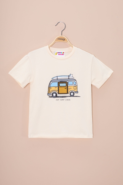 Krem Araba Baskılı Nakış Detaylı Erkek Çocuk Bisiklet Yaka Tişört 20957