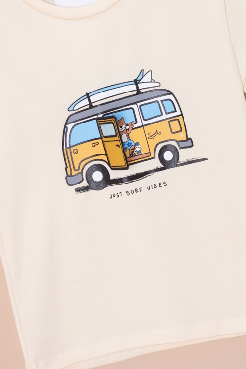 Krem Araba Baskılı Nakış Detaylı Erkek Çocuk Bisiklet Yaka Tişört 20957