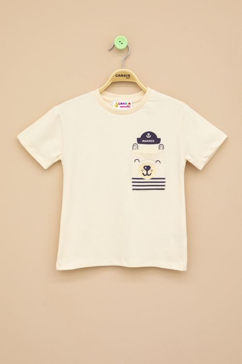 Krem Ayıcık Baskılı Cepli Erkek Bebek Tişört 20937