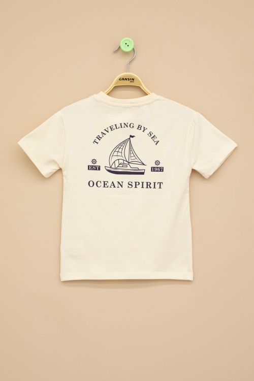 Krem Ayıcık Baskılı Cepli Erkek Bebek Tişört 20937