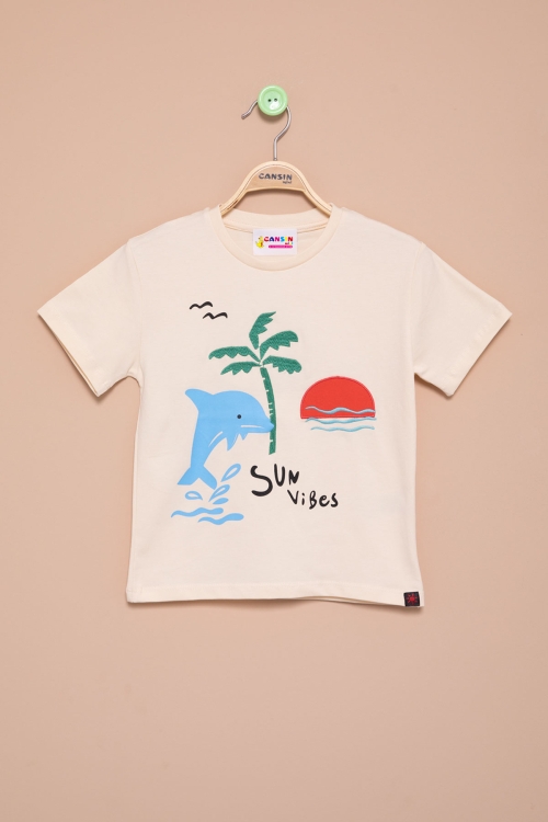 Krem Balık Baskılı Nakışlı Erkek Bebek Bisiklet Yaka Tişört 20945