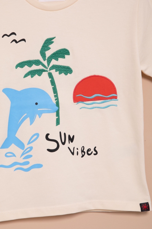 Krem Balık Baskılı Nakışlı Erkek Bebek Bisiklet Yaka Tişört 20945