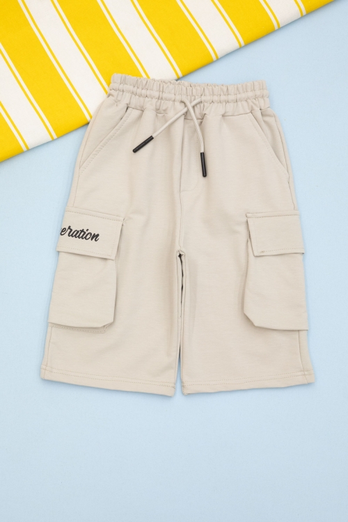 Krem Cebi Yazı Baskılı Beli Lastikli Erkek Çocuk Şort 21164
