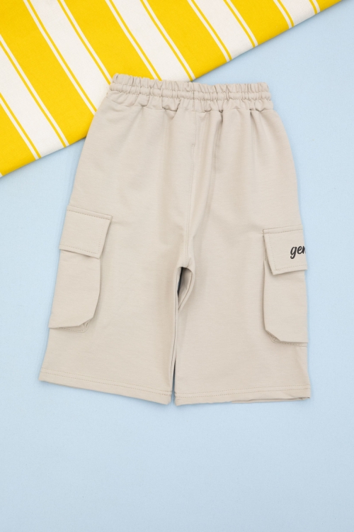 Krem Cebi Yazı Baskılı Beli Lastikli Erkek Çocuk Şort 21164