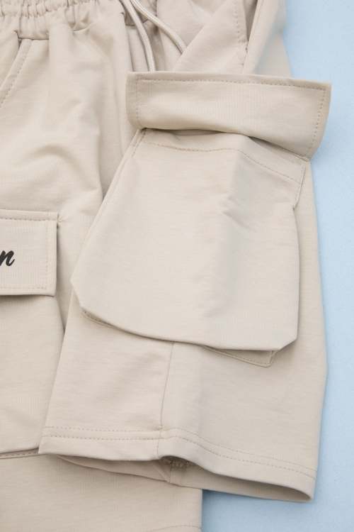 Krem Cebi Yazı Baskılı Beli Lastikli Erkek Çocuk Şort 21164