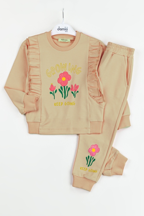 Krem Çiçek Desenli Kız Çocuk Takım 18587