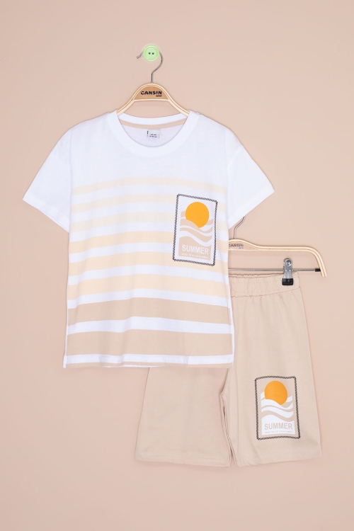 Krem Çizgi Desenli Summer Baskı Erkek Çocuk Şortlu Takım 20648