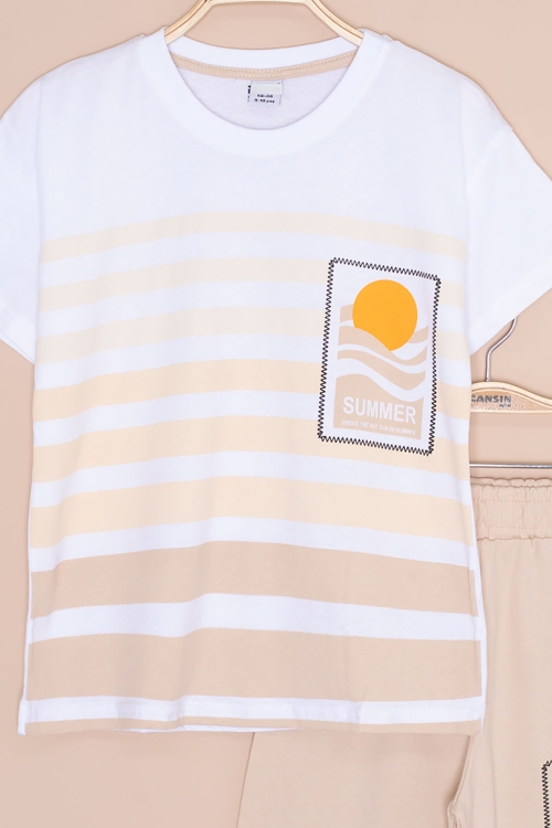 Krem Çizgi Desenli Summer Baskı Erkek Çocuk Şortlu Takım 20648