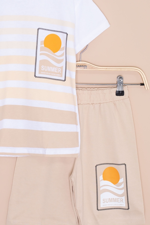 Krem Çizgi Desenli Summer Baskı Erkek Çocuk Şortlu Takım 20648