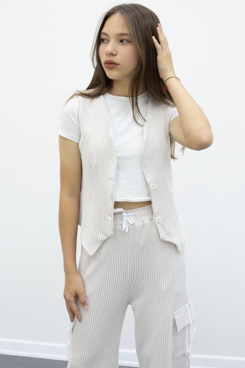 Krem Çizgili Düğmeli Yelekli Kargo Cepli Pantolonlu Kız Çocuk 2li Takım 21017