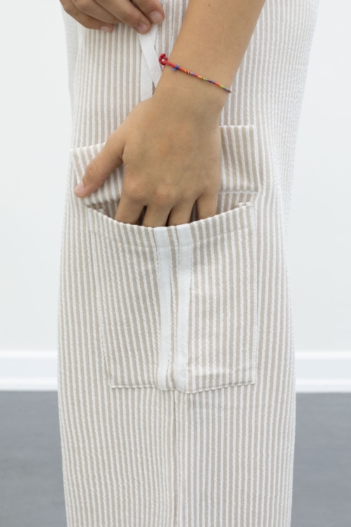 Krem Çizgili Düğmeli Yelekli Kargo Cepli Pantolonlu Kız Çocuk 2li Takım 21017