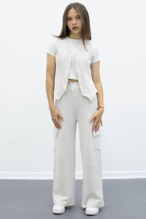 Krem Çizgili Düğmeli Yelekli Kargo Cepli Pantolonlu Kız Çocuk 2li Takım 21017