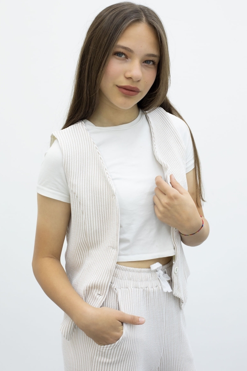 Krem Çizgili Düğmeli Yelekli Kargo Cepli Pantolonlu Kız Çocuk 2li Takım 21017