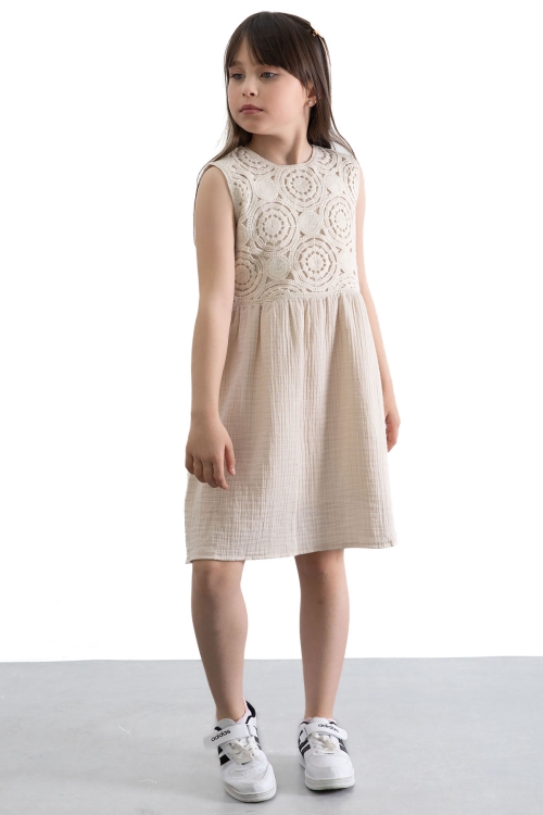 Krem Dantel İşlemeli Müslin Kız Çocuk Elbise 20779