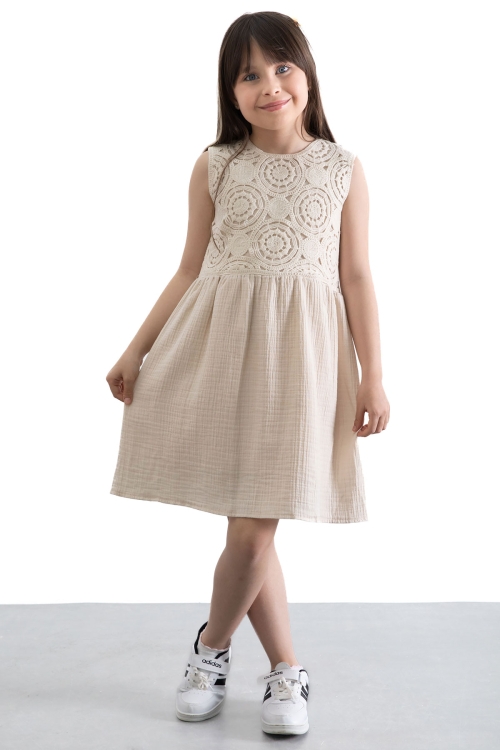 Krem Dantel İşlemeli Müslin Kız Çocuk Elbise 20779