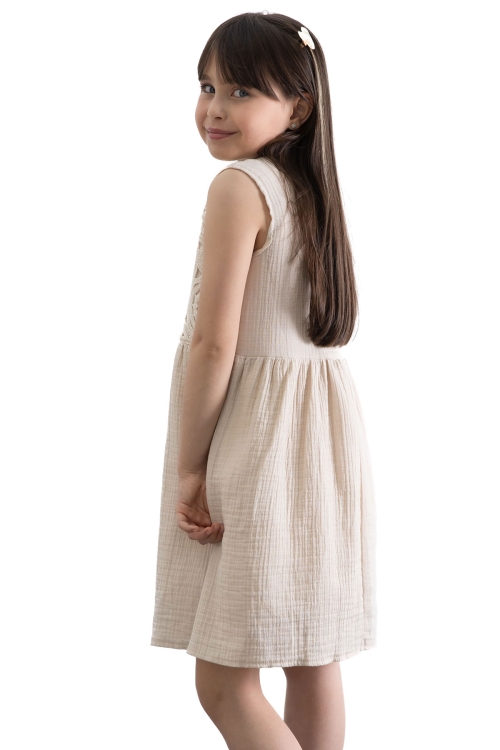 Krem Dantel İşlemeli Müslin Kız Çocuk Elbise 20779