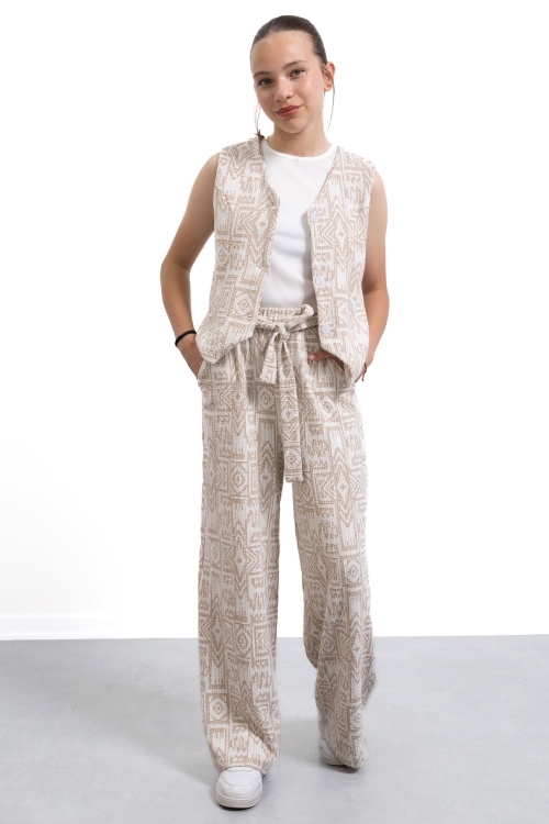 Krem Desenli Düğmeli Yelekli Geniş Paça Kuşaklı Pantolonlu Kız Çocuk 2li Takım 21125