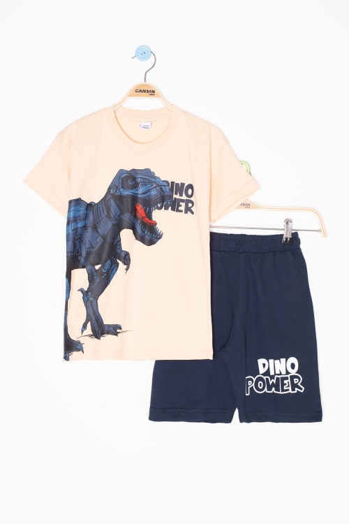 Krem Dino Baskılı Yazılı Erkek Çocuk Şortlu Alt Üst Takım 20622